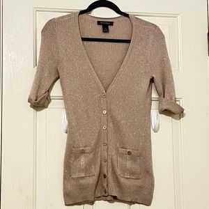 White House | Black Market Champagne Sparkly Button-Up V-neck Cardigan